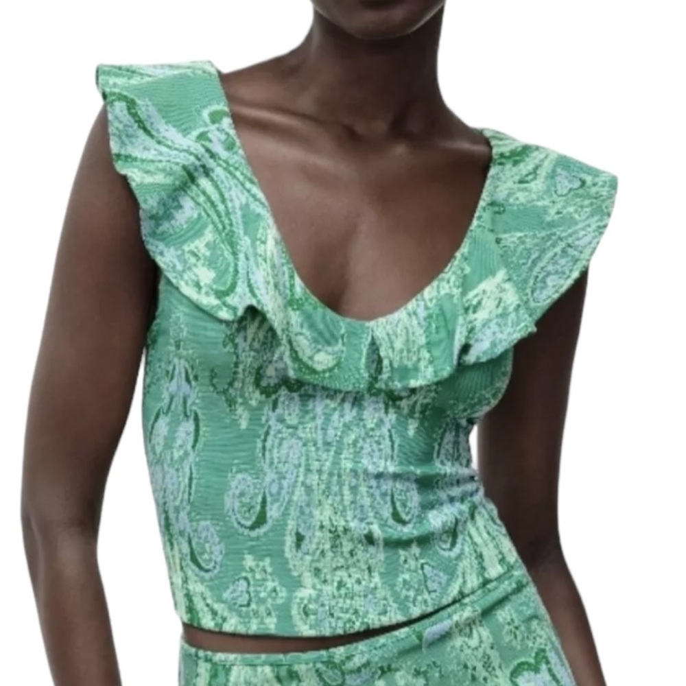 NWT Zara Green & Light Blue Paisley Jacquard V-Neck Ruffled Crop Top - L